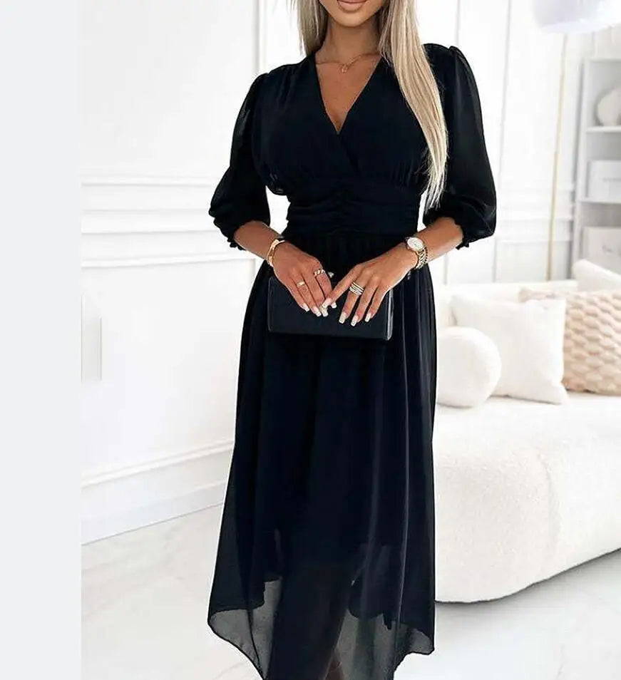 Sexy V Neck Solid Chiffon Long Dress Women Spring Elegant High-waisted Slim Party Dress Autumn 3/4 Sleeve A-Line Bohemian Dress