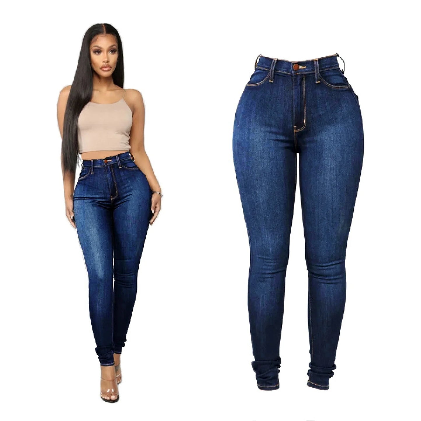 Woman's pure color jeans denim high waist jeans street play cultivate one's morality pants shaping figure with high waist jeans