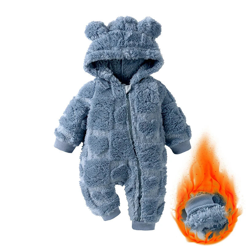 Winter Baby Bear Hooded Romper Thicken Fleece Warm Heart Flannel Toddler Girl Jumpsuits Infant Boy Bodysuit For Newborn Clothes