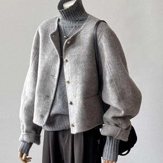 Single Breasted Woolen Jacket Women's Autumn Winter New Korean O-neck Short Solid  Outwear Fashion Long Sleeved Warm Top