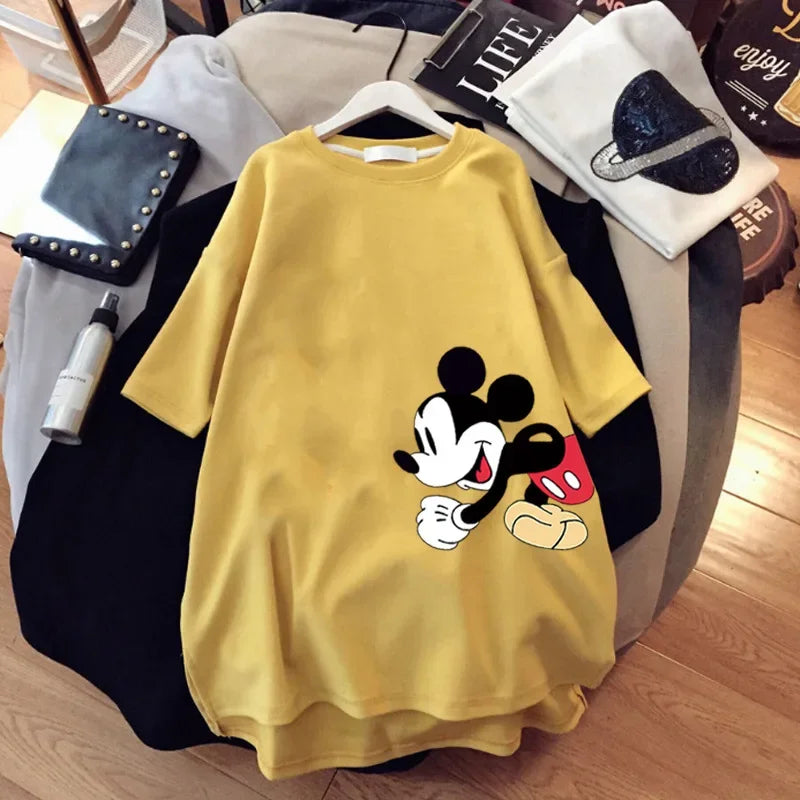 Disney Mickey Mouse T-shirt Summer Cartoon Mid-length Short-sleeved T-shirt Women's New Mickey Loose Large Size Half-sleeve Top