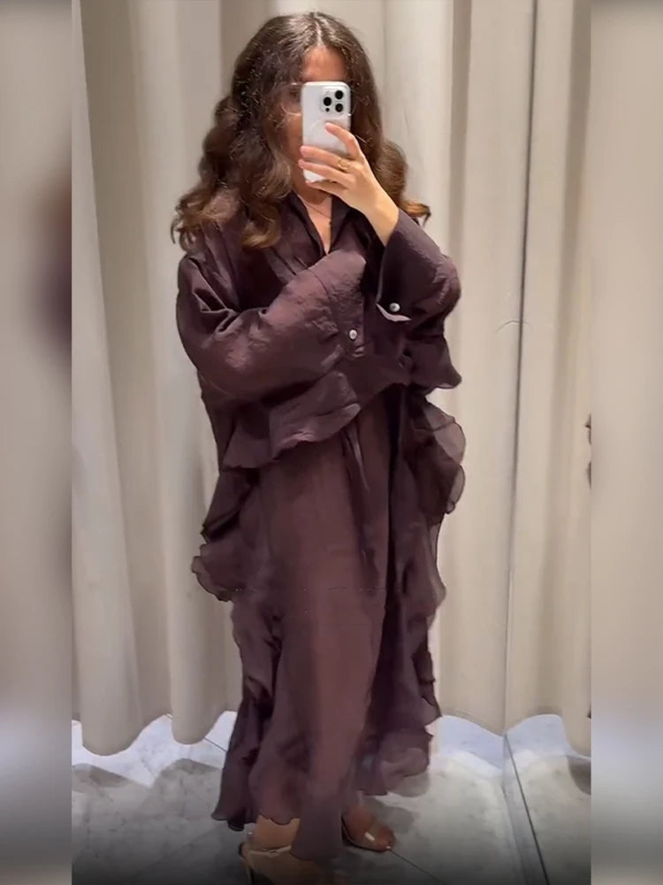 Causal Ruffle Pleated Loose long dress Women Full Sleeve V Neck Single Breasted Lotus Leaf Edge Dresses 2025 Lady Street Outfit