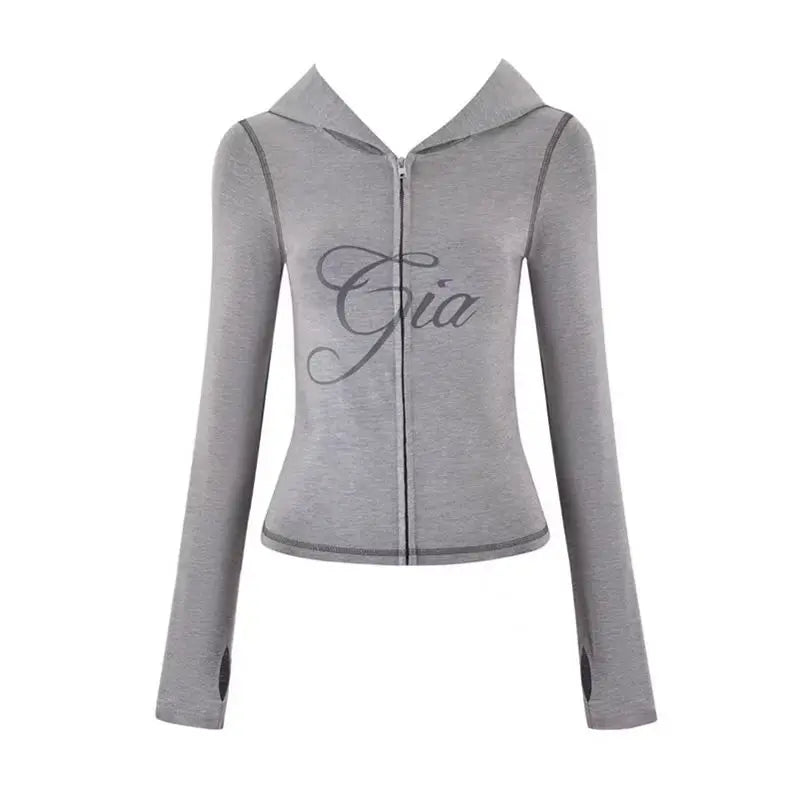 2025 Shoulder Slimming Letter Printed Bright Thread Design Slimming Hooded Zipper Short Coat Pants Set for Women