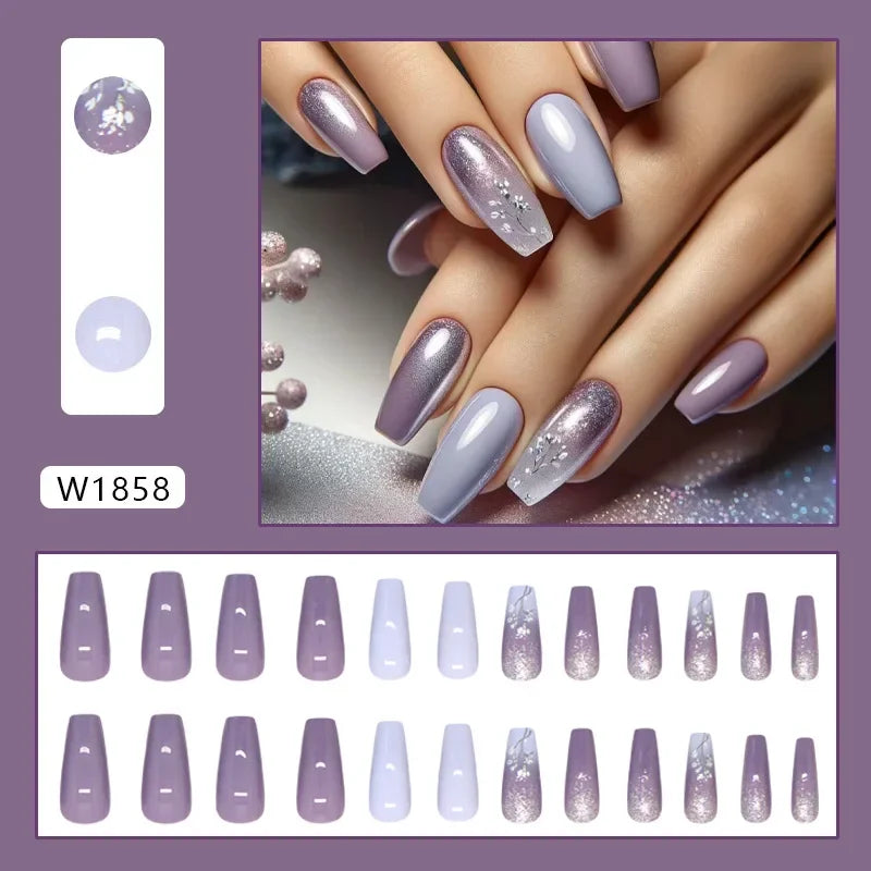 Platinum Maple Leaf Fake Nail with Jelly sticker Press on False Nails Wearable Round Head Oval Full Cover Nail Tips
