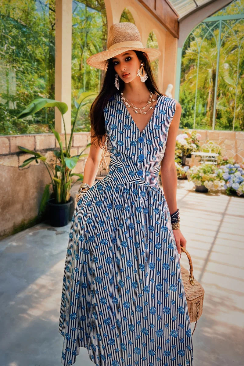 Summer Print Black White Striped Tank Women's Top Blue Rose Vest+Knee-Length A-Line Skirt Separately Y2K DABUWAWA DM2BVT002