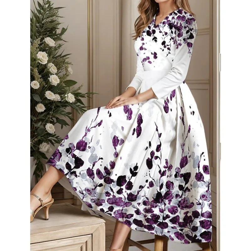 Ladies Autumn Winter Floral Print Vintage Long Dress Women's Long Sleeve V-neck Elegant Dresses Party Casual Evening Dress Women