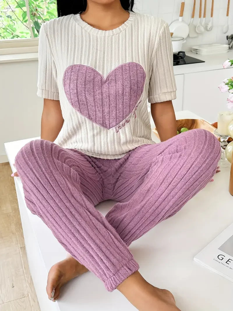 Autumn Winter Two-Piece Pajamas Set for Women Sleepwear Heart Print Round Neck Short Sleeve Long Pants Home Wear