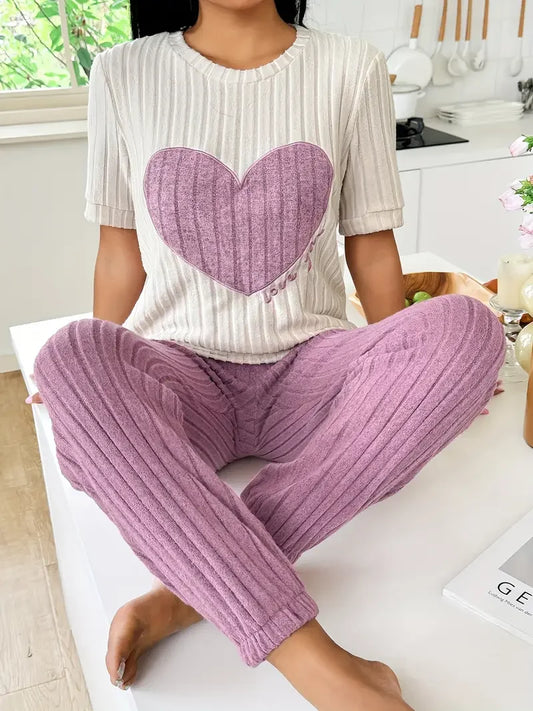 Autumn Winter Two-Piece Pajamas Set for Women Sleepwear Heart Print Round Neck Short Sleeve Long Pants Home Wear