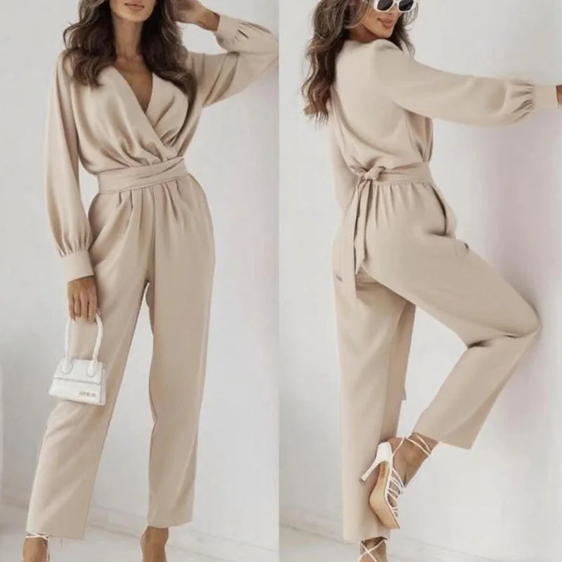 Spring Sexy Deep V Neck Hollow Jumpsuits Women Casual Solid High Waist Belt Romper Playsuit Autumn Long Sleeve Straight Overalls