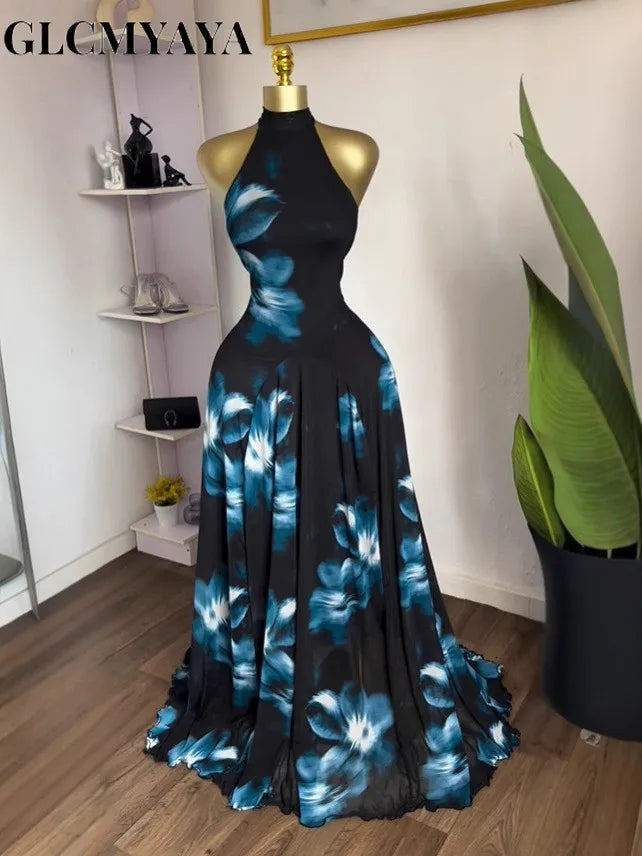 GLCMYAYA 2025 Fall Women O-neck Sleeveless Floral Print Mermaid Maxi Dress Evening Birthday Beach Sexy Night Party Long Dresses