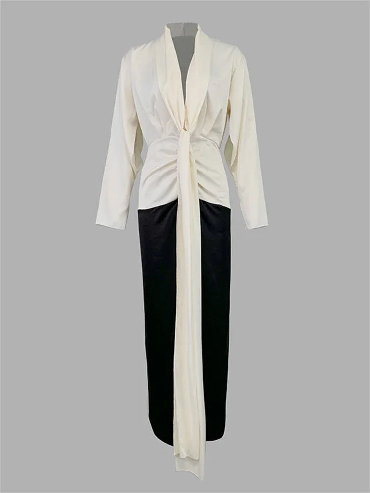 Women Fashion Patchwork Deep V-Neck Pleated Party Evening Dresses  New Spring Summer Long Sleeves Office A-Line Dress