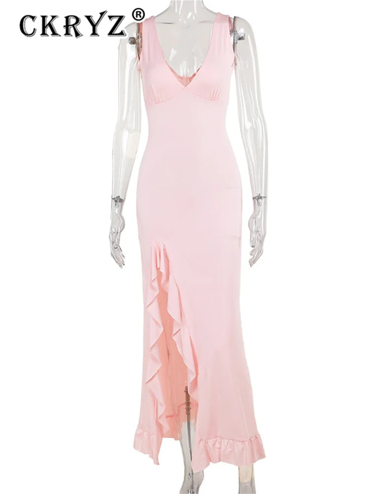 Ladies Summer Ruffle Evening Birthday Party Dress Women Sleeveless Backless Side Slit Long Dresses Clubwear Woman Clothes 2025