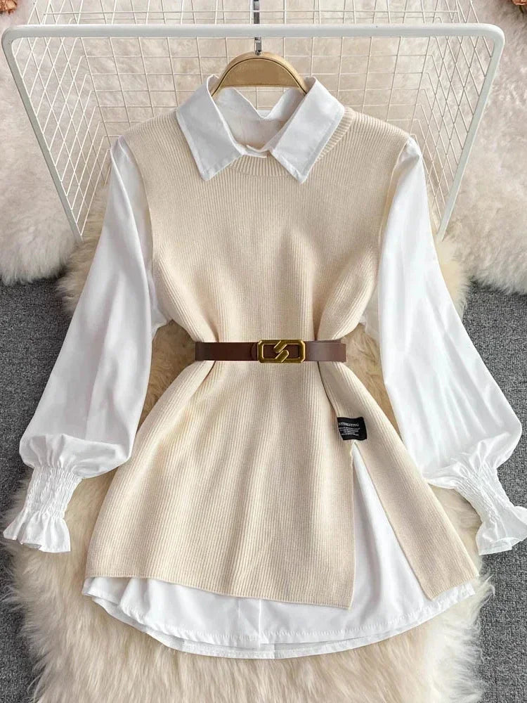 Syiwidii Blouses Sets Women Knitted Sweater Vests Autumn 2024 Fashion Turn-down Collar Single Breasted Female Blouses Two-piece