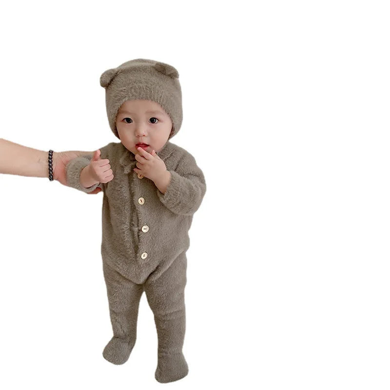 5097 Ins Baby Clothes 2024 Autumn Winter New Baby Boy's Jumpsuit Mink Velvet Cute Bear Baby Girl's One Piece Clothes