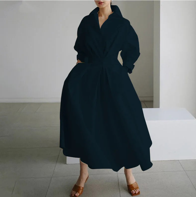 Elegant Women Spring Sundress Lapel Neck Long Sleeve Black Dress 2025 Solid Long Shirt Dress OL Vestidos Robe Femme Streetwear