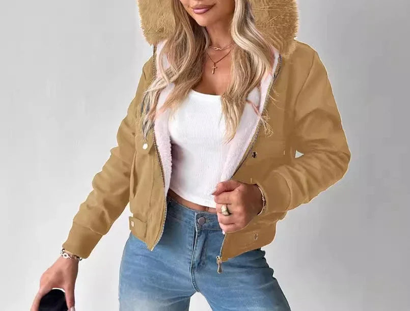 women jacket Short Streetwear Fashion Versatile Casual Zipper Thickened Long Sleeves Hooded coats for Female 2024 Autumn/Winter