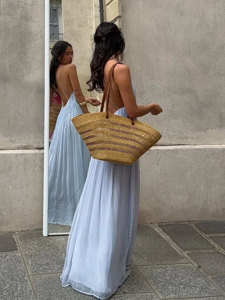 Sexy Solid Pleated Long Dress Women Elegant V Neck Sleeveless Suspender Backless Loose Robe Beach Party Ladies Maxi Gowns 2025