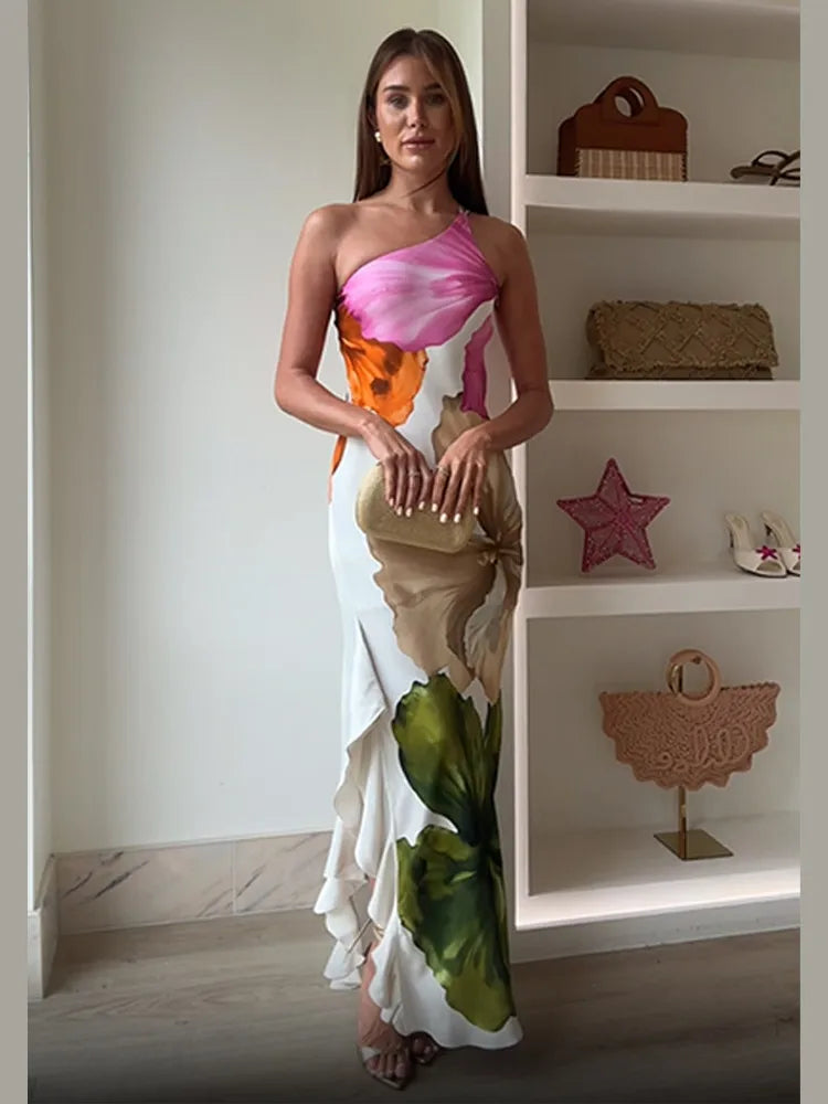 Elegant Floral Irregular Maxi Vestidos Women Sleeveless Skew Neck Off Shoulder Slim Dress 2025 New Summer Party High Street Wear