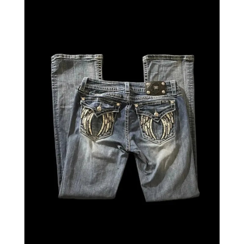 American Y2K Wings Geometric Embroidery High Quality Slim Jeans for Women Y2K Street Wear Trendy Casual goth high waisted jeans