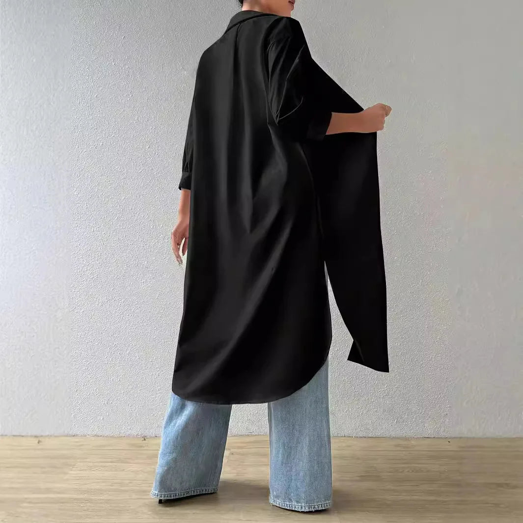 Women Turn Down Collar OL Business Maxi Shirts Tops Spring Autumn Female Simple Solid Color Button Loose Blouse Long Shirt Blusa