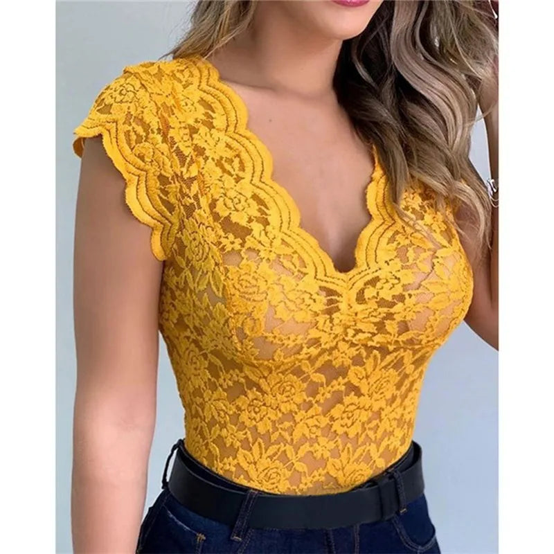Sexy Deep V Neck Sleeveless Lace Blouse Shirts Summer Fashion Women Lace Patchwork Pullover Tops XCDZ-540738