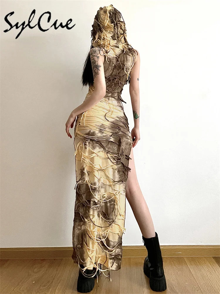 Sylcue Vintage Distressed Summer High Street Cool Trendy Personalized Sexy Mature Beautiful Women Thin Perspective Hooded Dress