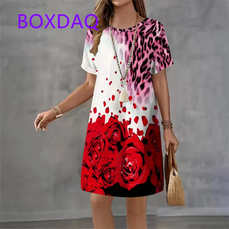 Fashion Elegant Butterfly Flowers Pattern Women's Dress New Summer Street Flower Print Short Sleeve Loose Casual Mini Dress 2025
