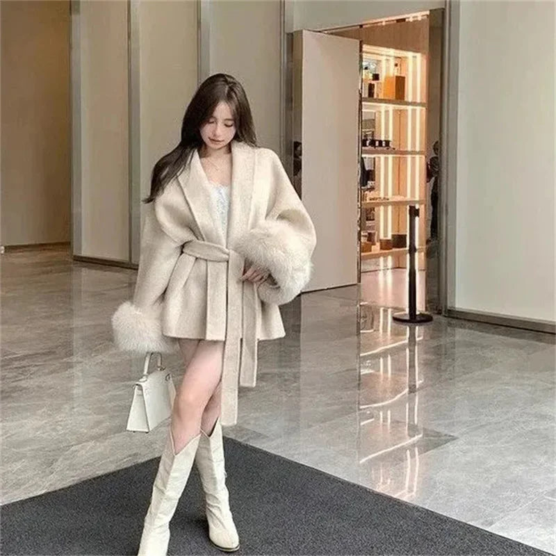 Strap Woolen Jacket With Spring And Autumn Long Sleeves Loose High-End Splicing Short Furry Sleeves blend Wool Coats With Lace-u