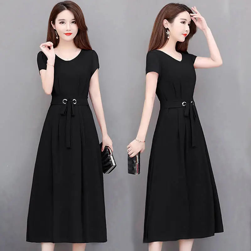 Women summer dress 2025 new short-sleeved over-the-knee belt slim figure-hugging A-line dress vestidoes clothing HTH013
