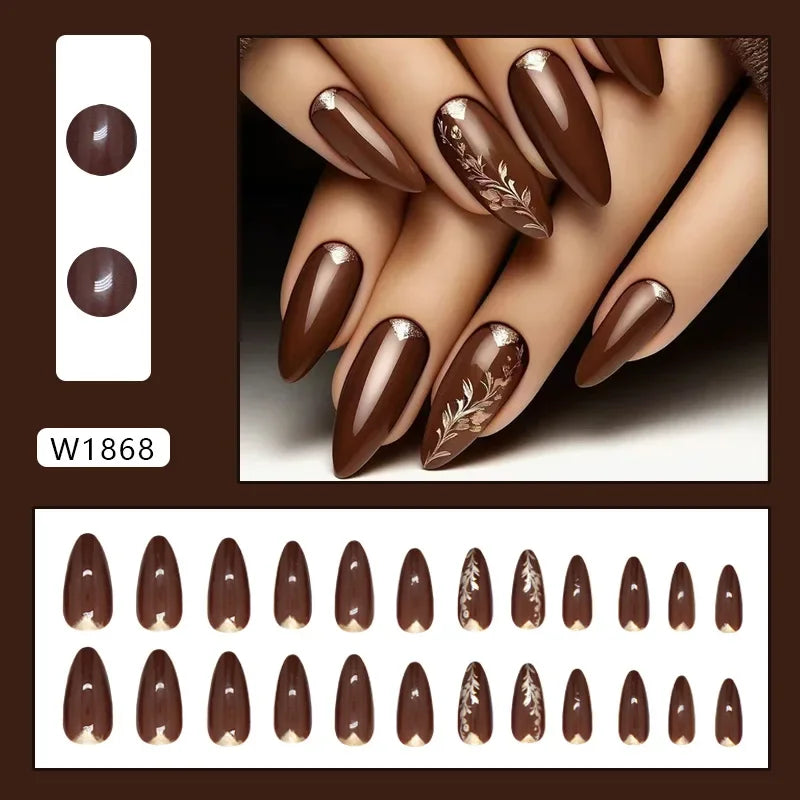 Platinum Maple Leaf Fake Nail with Jelly sticker Press on False Nails Wearable Round Head Oval Full Cover Nail Tips