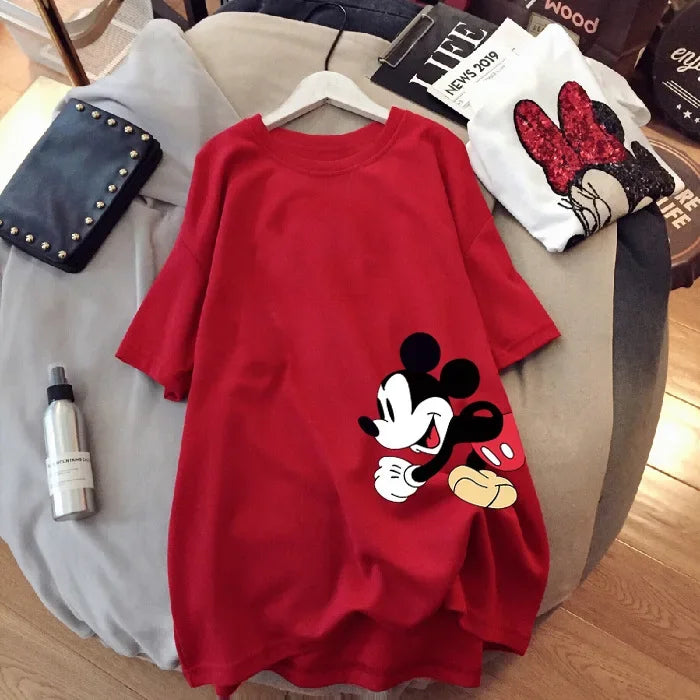 Disney Mickey Mouse T-shirt Summer Cartoon Mid-length Short-sleeved T-shirt Women's New Mickey Loose Large Size Half-sleeve Top