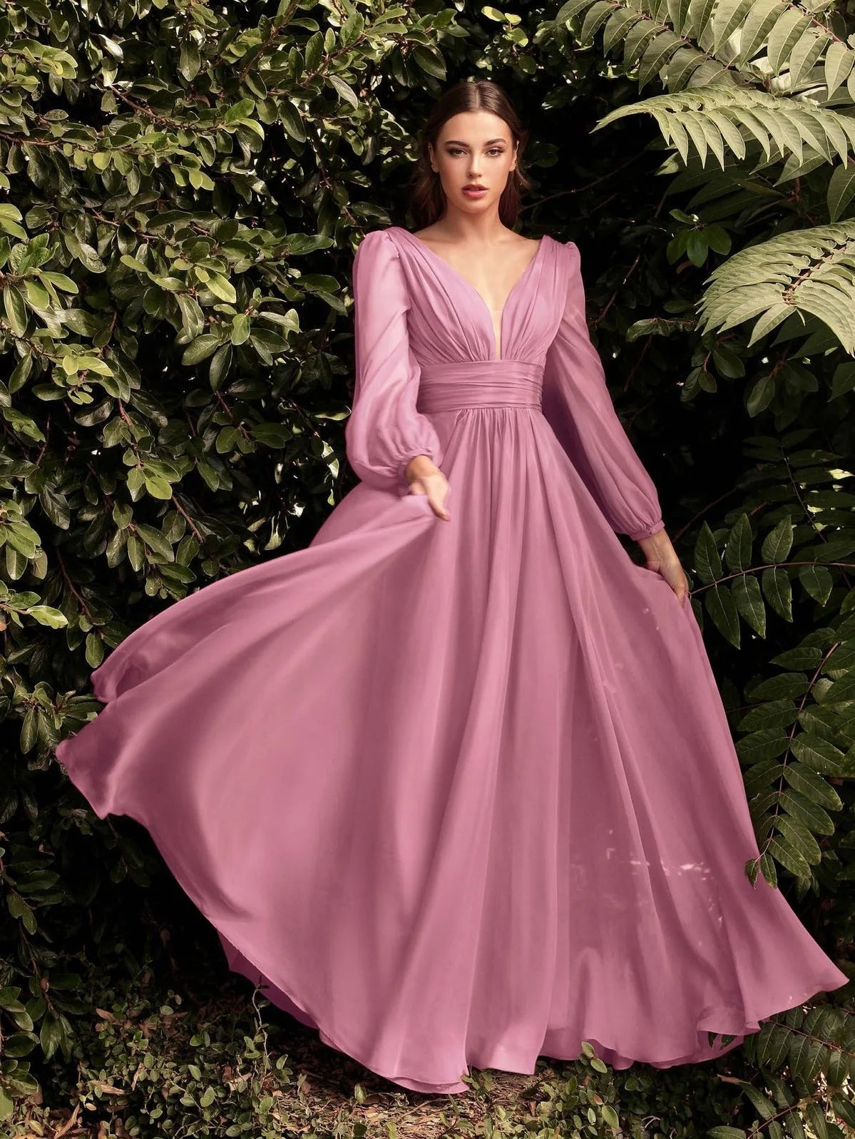 Evening Dress Long-sleeved Chiffon Sexy Temperament Deep V-edge Button Bridesmaid Skirt 2025 Spring And Summer New Fashion High
