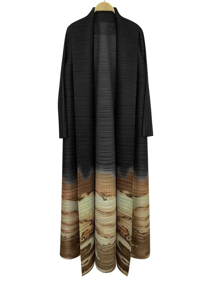 2025 Miyake Pleated abaya with Turn-down Collar, Long Sleeve, Vintage Printed Design, Plus Size