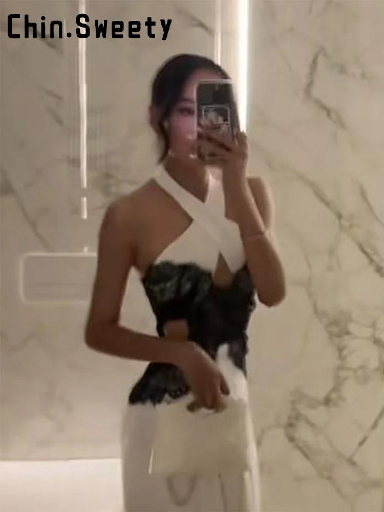 Sexy Halter Lace Splicing Hollow Out Long Dress Women Sleeveless Backless Hip Package Party Dresses 2025 Summer Evening Robes