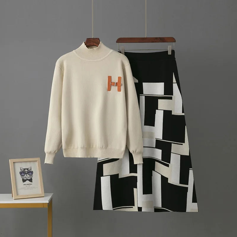 LISM winter two piece set for womam suit elegant sweater new in matching sets letter half body mid length skirt set New dress