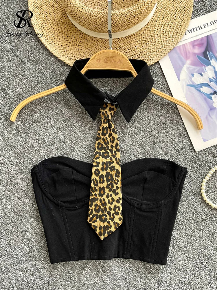 SINGREINY Female Retro Leopard Sensual Tank Tops Fashion Zipper Sheath Tank Top Women Halter Tie Streetwear Vintage Tank Tops