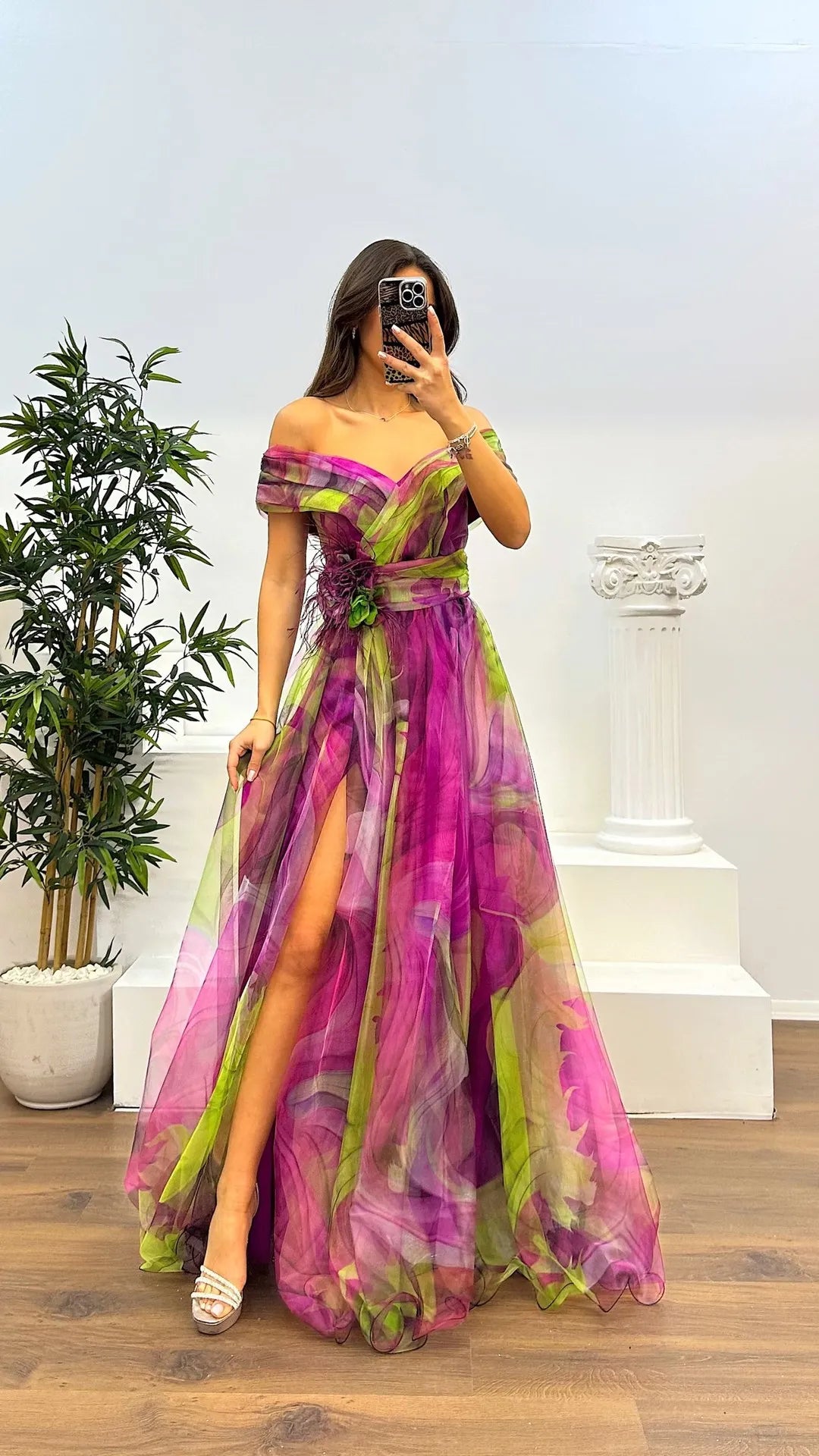 Elegant Formal Party Dress Elegant Tie-dye Ball Gown with Mesh Bubble Sleeves Split Hem Women's Evening Dress