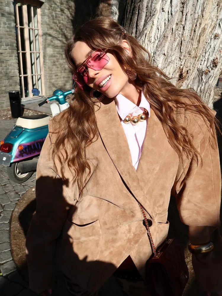 Vintage Oversized Suede Leather Jacket Women's Fashion Shoulder Pad Full Sleeve One Button Coat Lady Chic Bomber Streetwear 2025