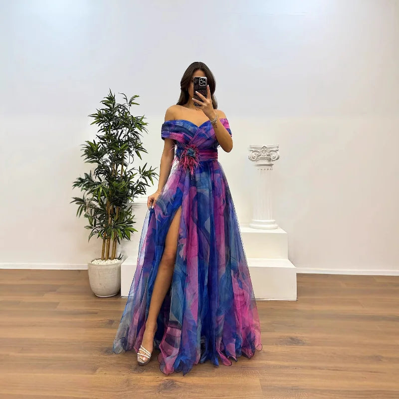 Elegant Formal Party Dress Elegant Tie-dye Ball Gown with Mesh Bubble Sleeves Split Hem Women's Evening Dress