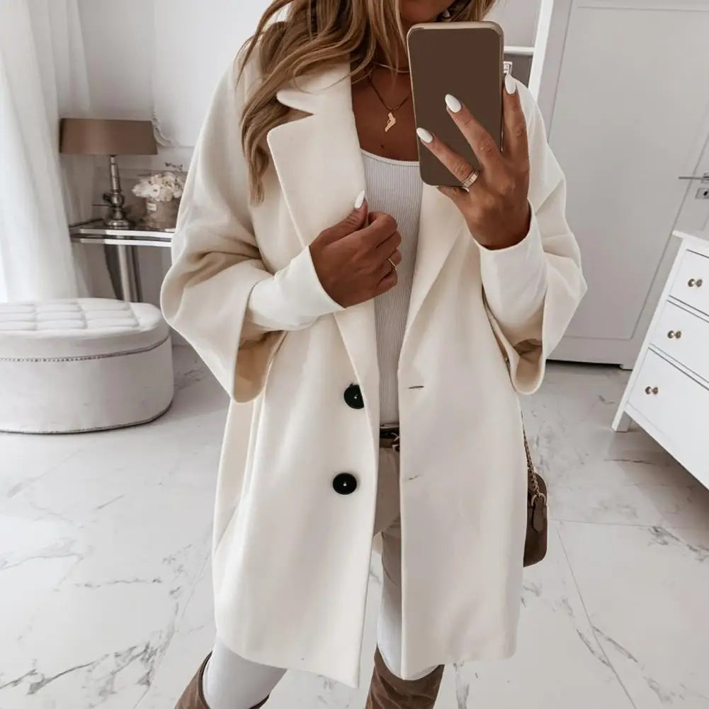 Fall Winter Women's Jacket 3/4 Long Sleeve Button Lapel Pocket Woolen Warm Jacket Coat Solid Color Thermal Fitted Cardigan Coat