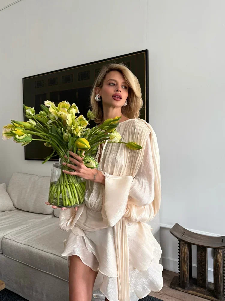 Shiny Layered Ruffles Pleated Mini Dress Women's Fashion Solid Lace Up Slim Fit Gowns 2025 Summer Lady Party Banquet Vestidos