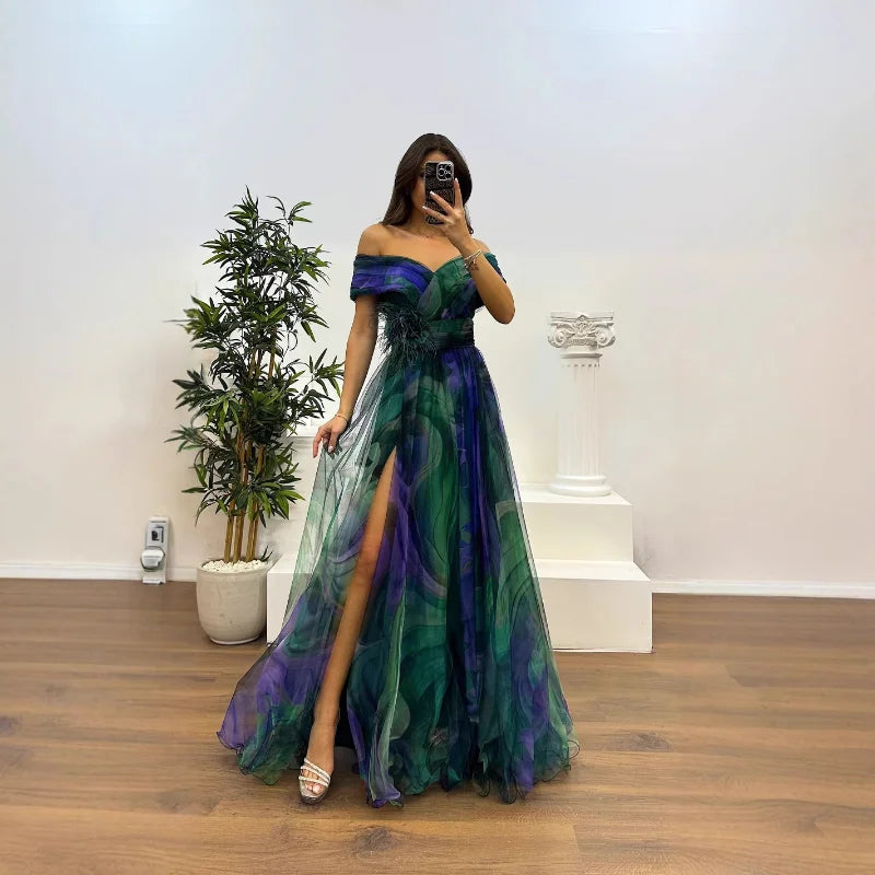 Elegant Formal Party Dress Elegant Tie-dye Ball Gown with Mesh Bubble Sleeves Split Hem Women's Evening Dress