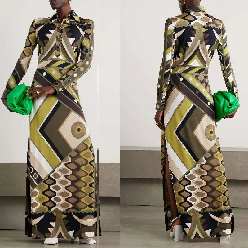 Attractive Printed Women Mesh Maxi Dress Fashion Autumn Long Sleeve O-neck Skinny Vestidos Female Sexy Night Clubwear RobeNew