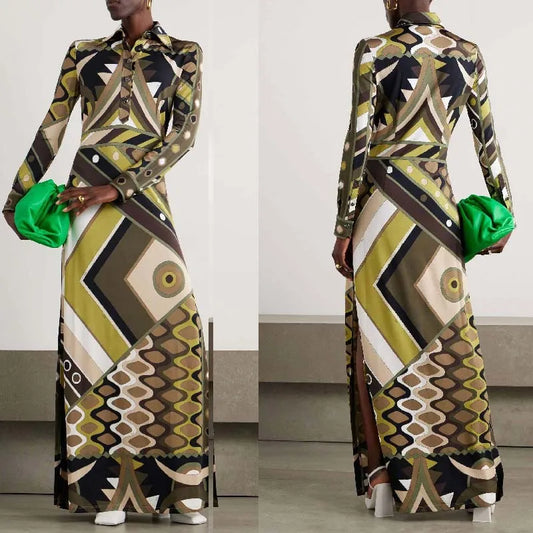 Attractive Printed Women Mesh Maxi Dress Fashion Autumn Long Sleeve O-neck Skinny Vestidos Female Sexy Night Clubwear RobeNew