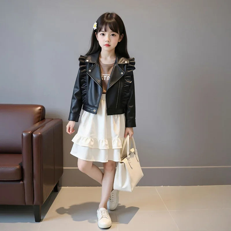 Girls Leather Jackets Children Kids Classics Handsome Pu Outerwear Teenager Zipper Fly Coats Spring Autumn 2025 New