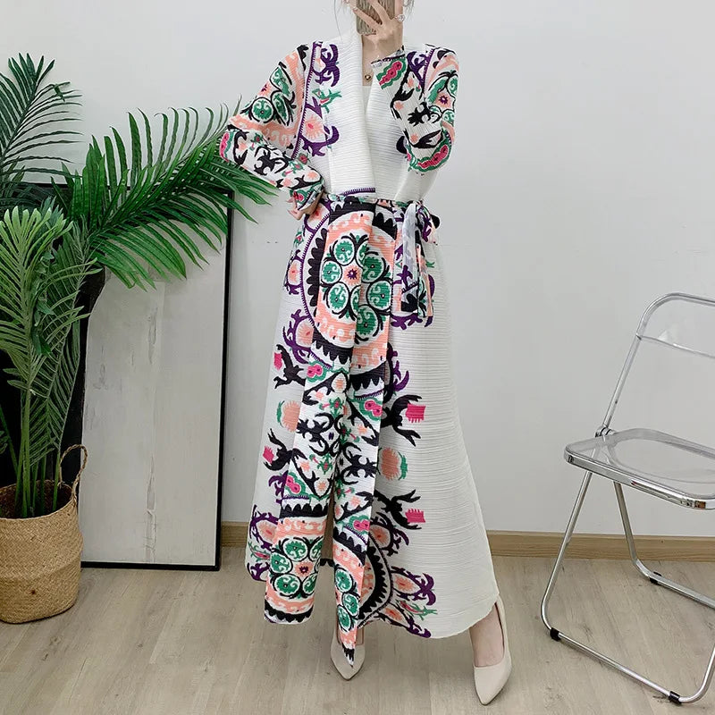 abaya Ethnic Style Print, Pleated, Large Lapel, Lace-up Cardigan, Miyake, Spring, Summer, 2025
