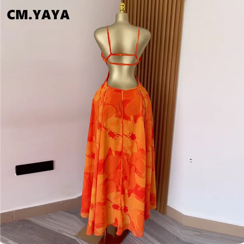 CM.YAYA Women Floral Printed Strap Backless Bra Front Big Swing Maxi Long Dress 2025 Vintage Sexy Club Party Evening Dresses