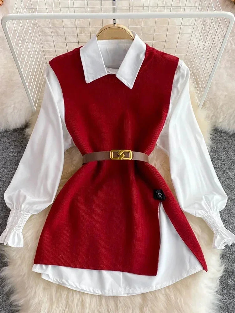 Syiwidii Blouses Sets Women Knitted Sweater Vests Autumn 2024 Fashion Turn-down Collar Single Breasted Female Blouses Two-piece