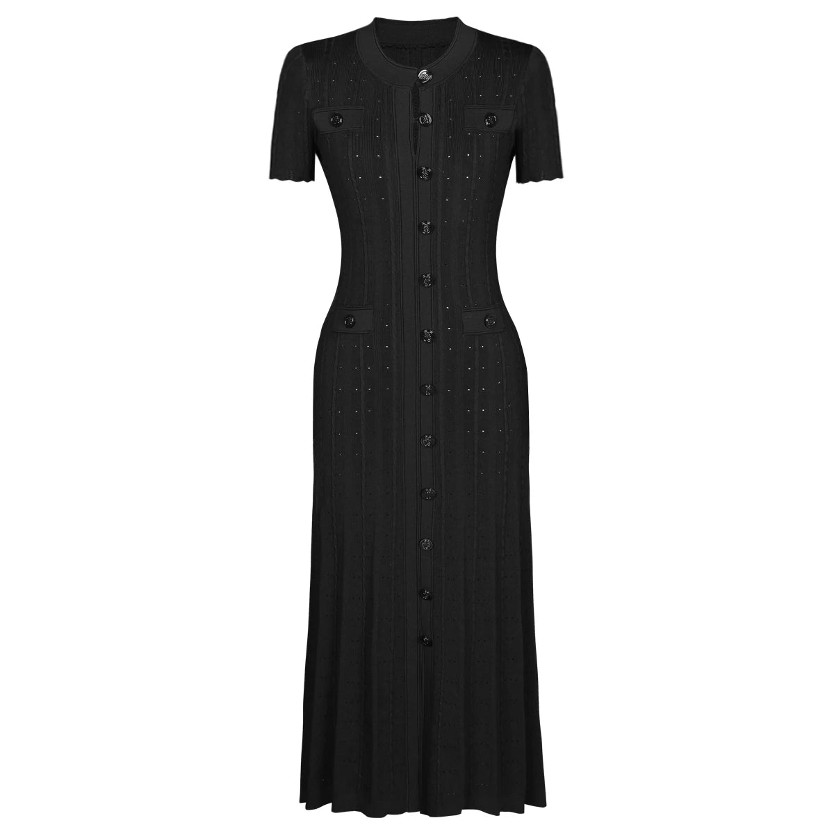 Three Color High-quality New Fashionable Elastic Knitted Hollow Round Neck Single Breasted Short Sleeved Slim Fit Women's Dress