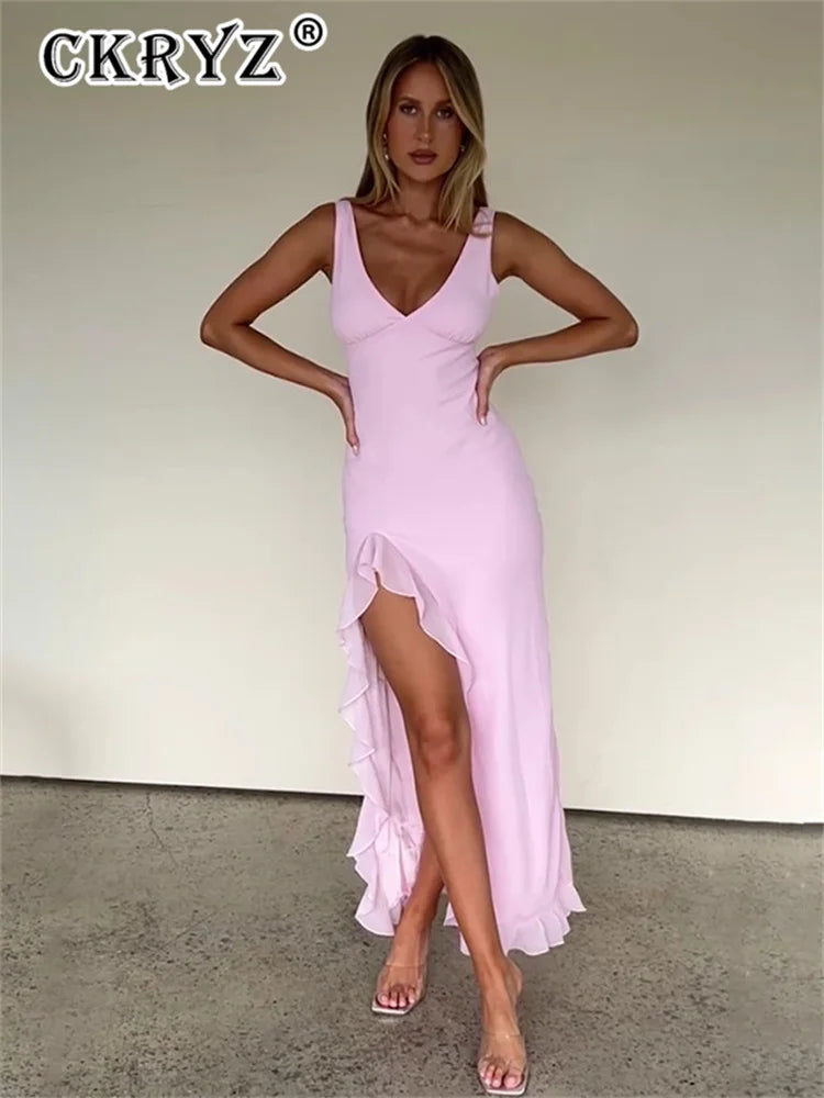 Ladies Summer Ruffle Evening Birthday Party Dress Women Sleeveless Backless Side Slit Long Dresses Clubwear Woman Clothes 2025